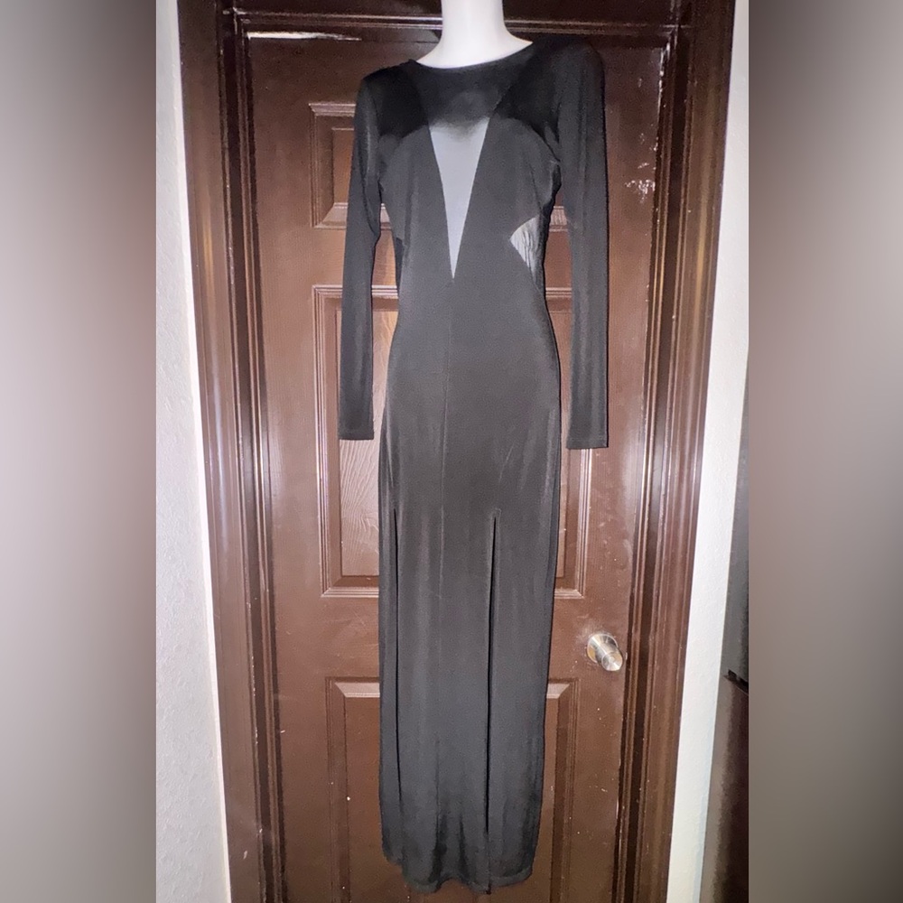 ASOS DESIGN LongSleeve Black Mesh Cutout Plunge Bodycon Dress Sz 6 Elegant